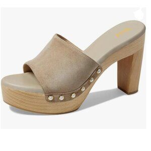 miss left Light Coffee Platform Chunky High Heel Mules Open Toe Studded Sandals